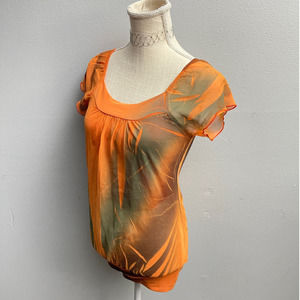 y2k boho orange short sleeve semi sheer top small0